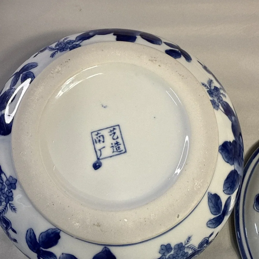 Vintage Asian Lidded Serving Bowl Blue and White Chinoiserie Porcelain Tureen